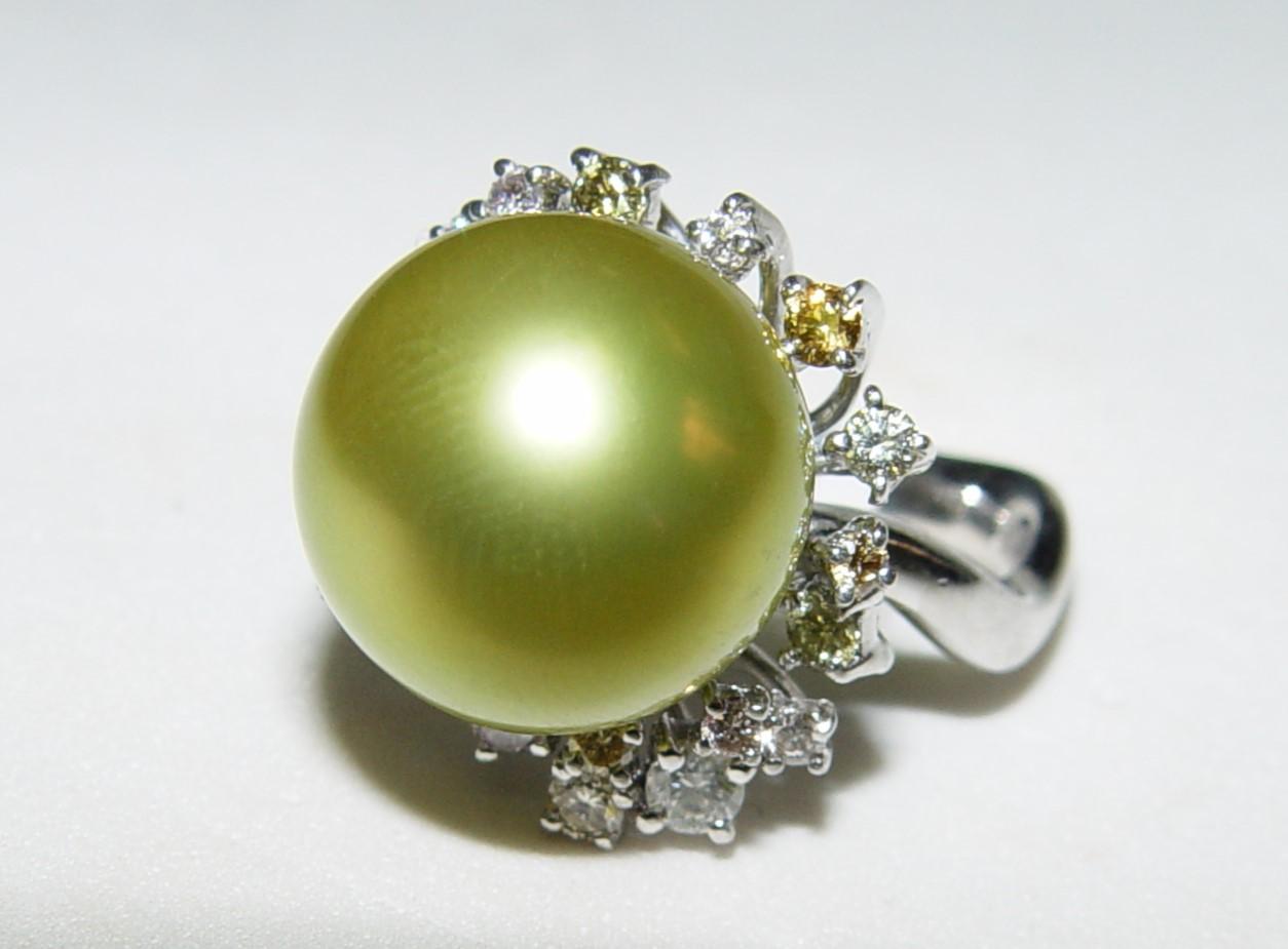 13MM Round Pistachio Tahitian Pearl color diamond ring 18K s-6.25 For Sale 13
