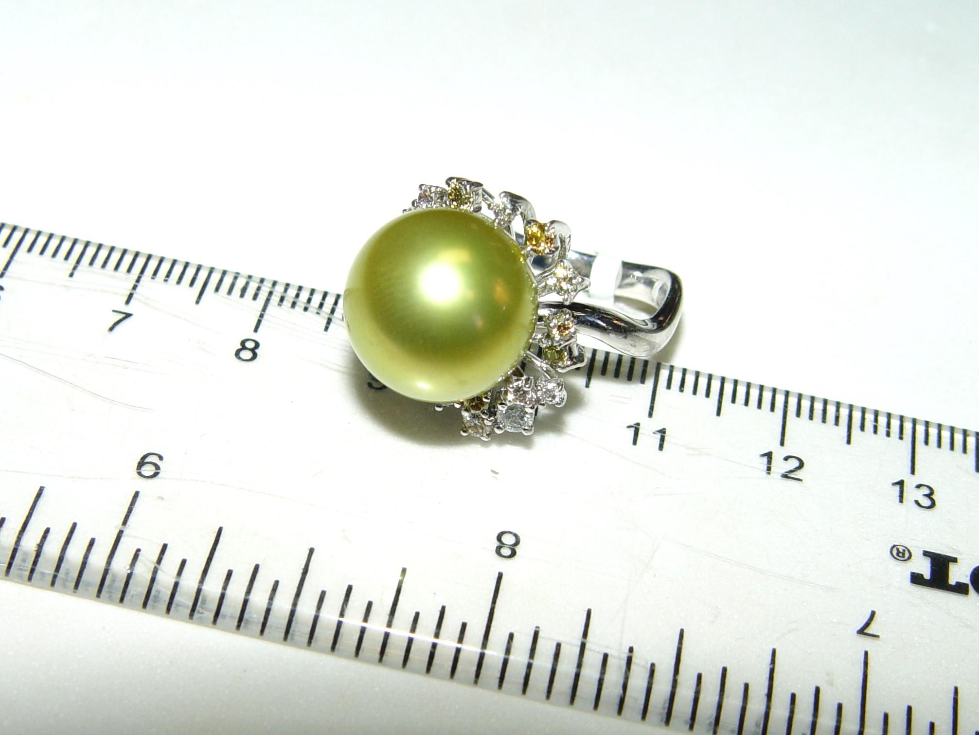 13MM Round Pistachio Tahitian Pearl color diamond ring 18K s-6.25 For Sale 14