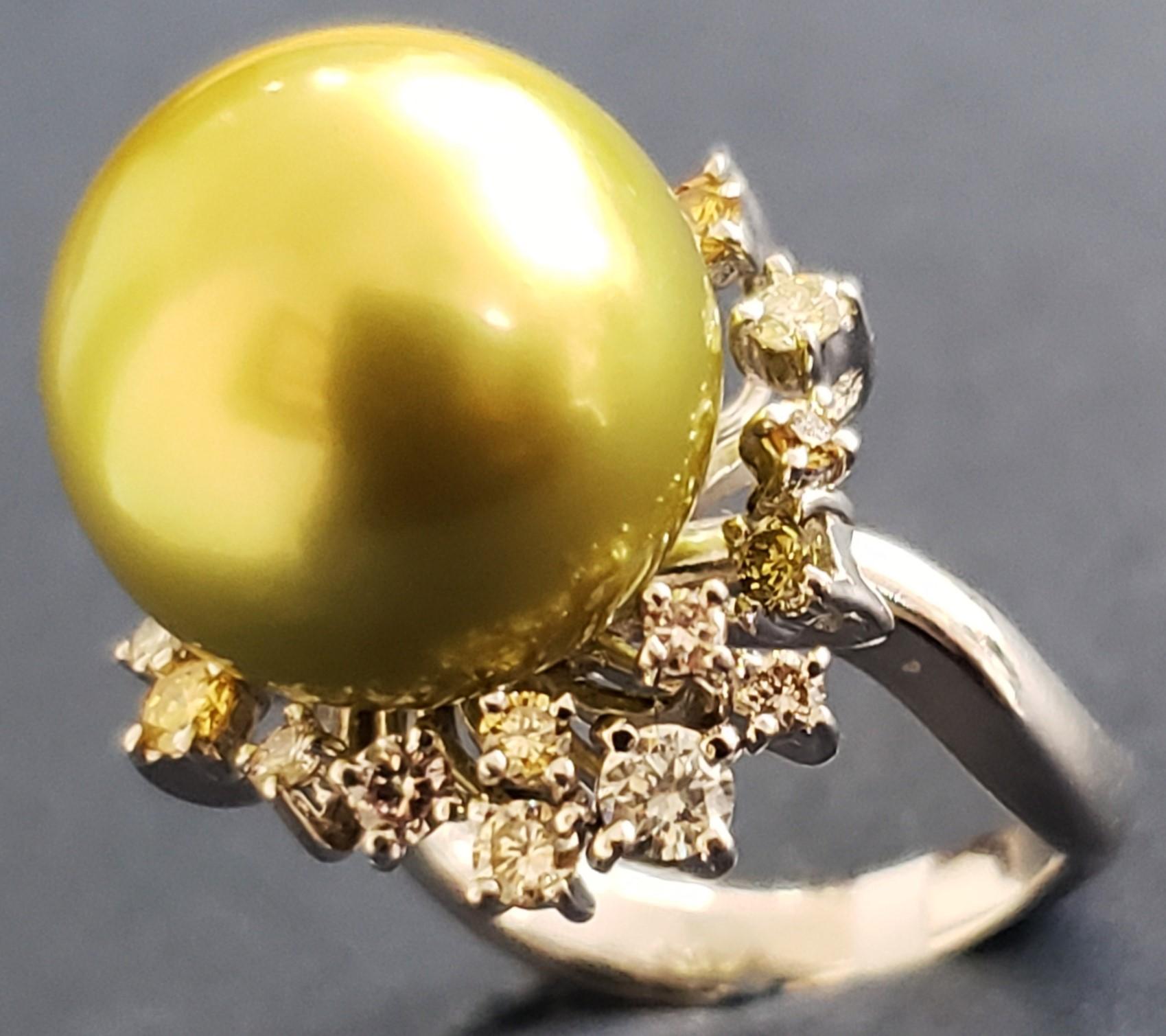 Moderne Bague 13MM perle de Tahiti ronde couleur diamant 18K s-6.25 en vente