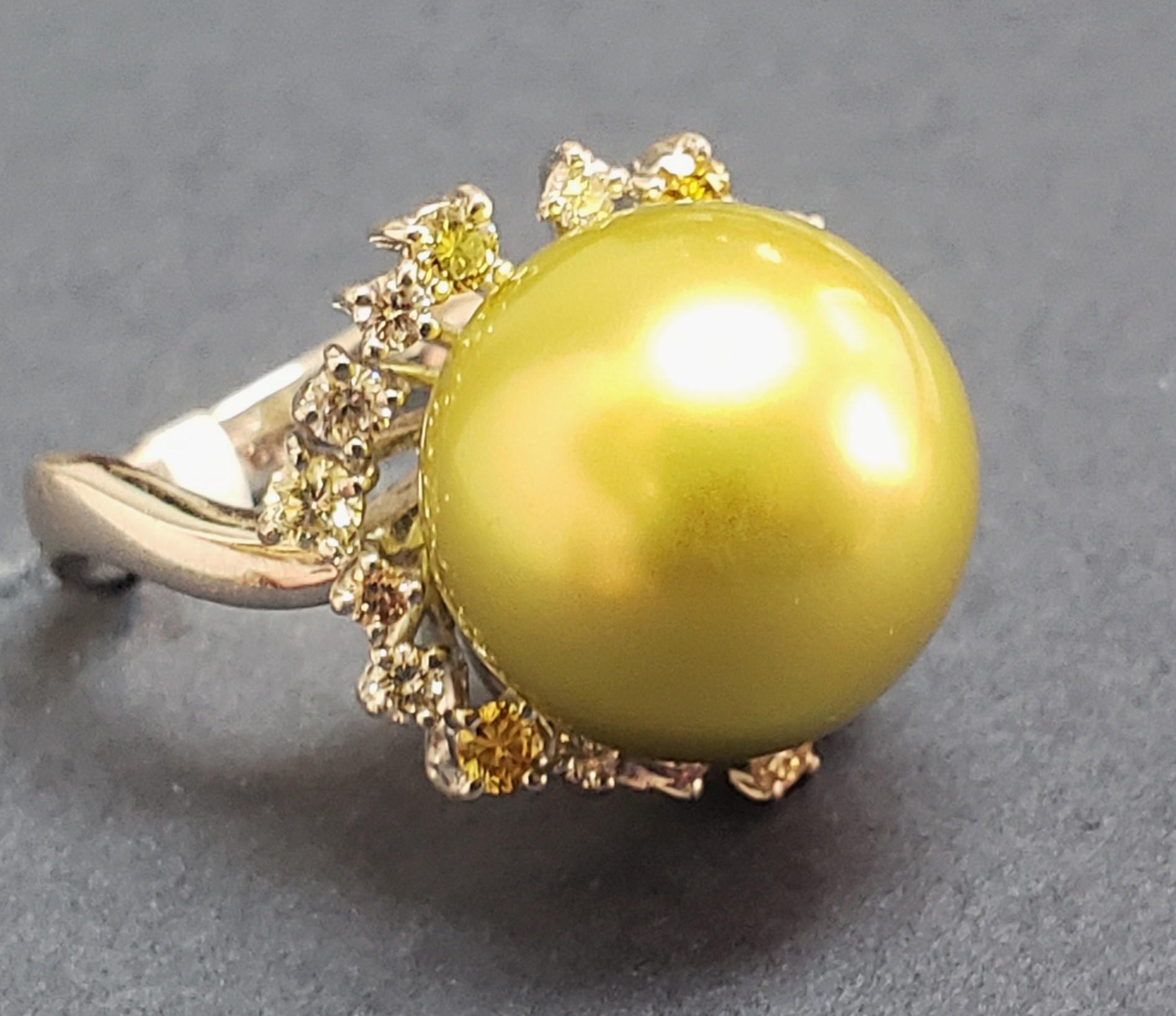 Women's 13MM Round Pistachio Tahitian Pearl color diamond ring 18K s-6.25 For Sale