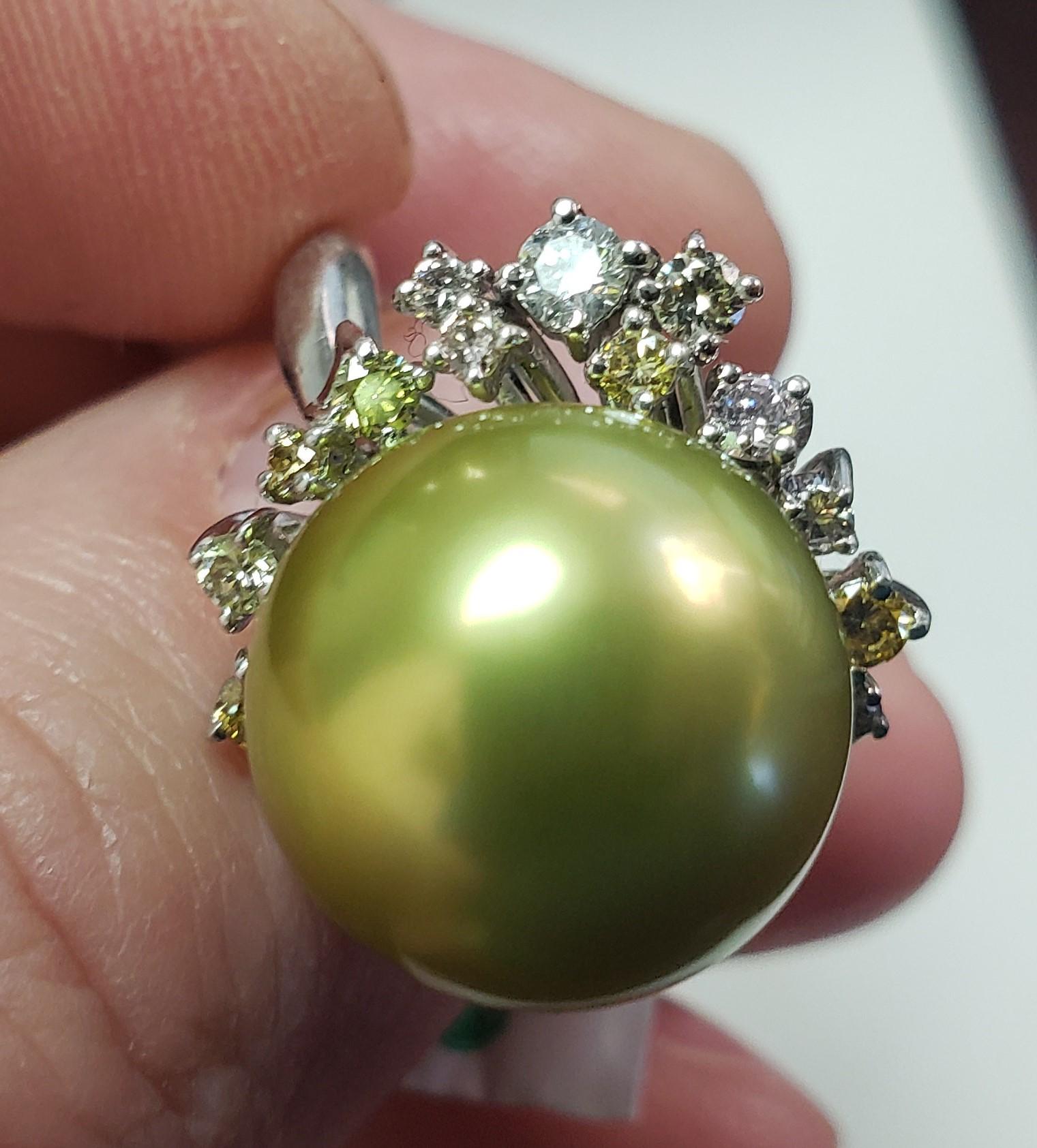 13MM Round Pistachio Tahitian Pearl color diamond ring 18K s-6.25 For Sale 1