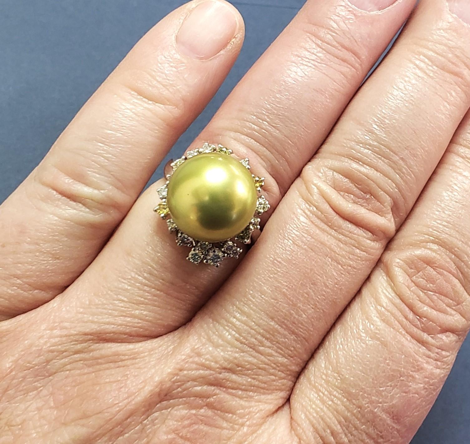 13MM Round Pistachio Tahitian Pearl color diamond ring 18K s-6.25 For Sale 2