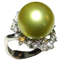 13MM Round Pistachio Tahitian Pearl color diamond ring 18K s-6.25