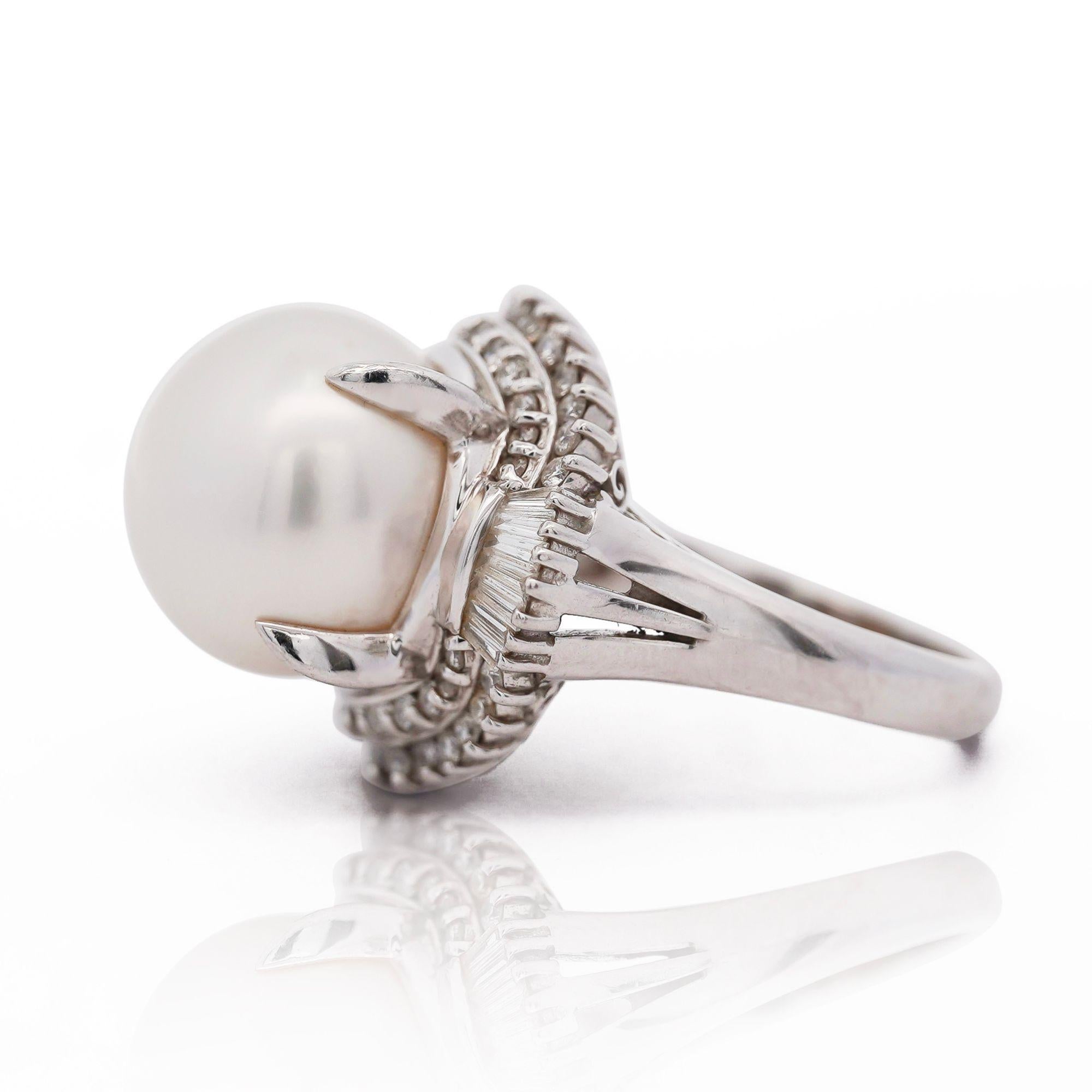13mm South Sea Pearl & Baguette Diamond Halo Platinum Ballerina Ring In Excellent Condition For Sale In Miami, FL