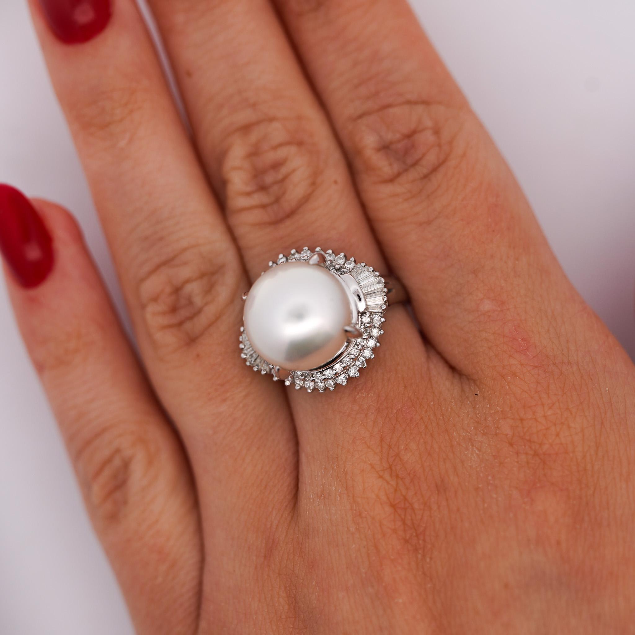 Women's 13mm South Sea Pearl & Baguette Diamond Halo Platinum Ballerina Ring For Sale