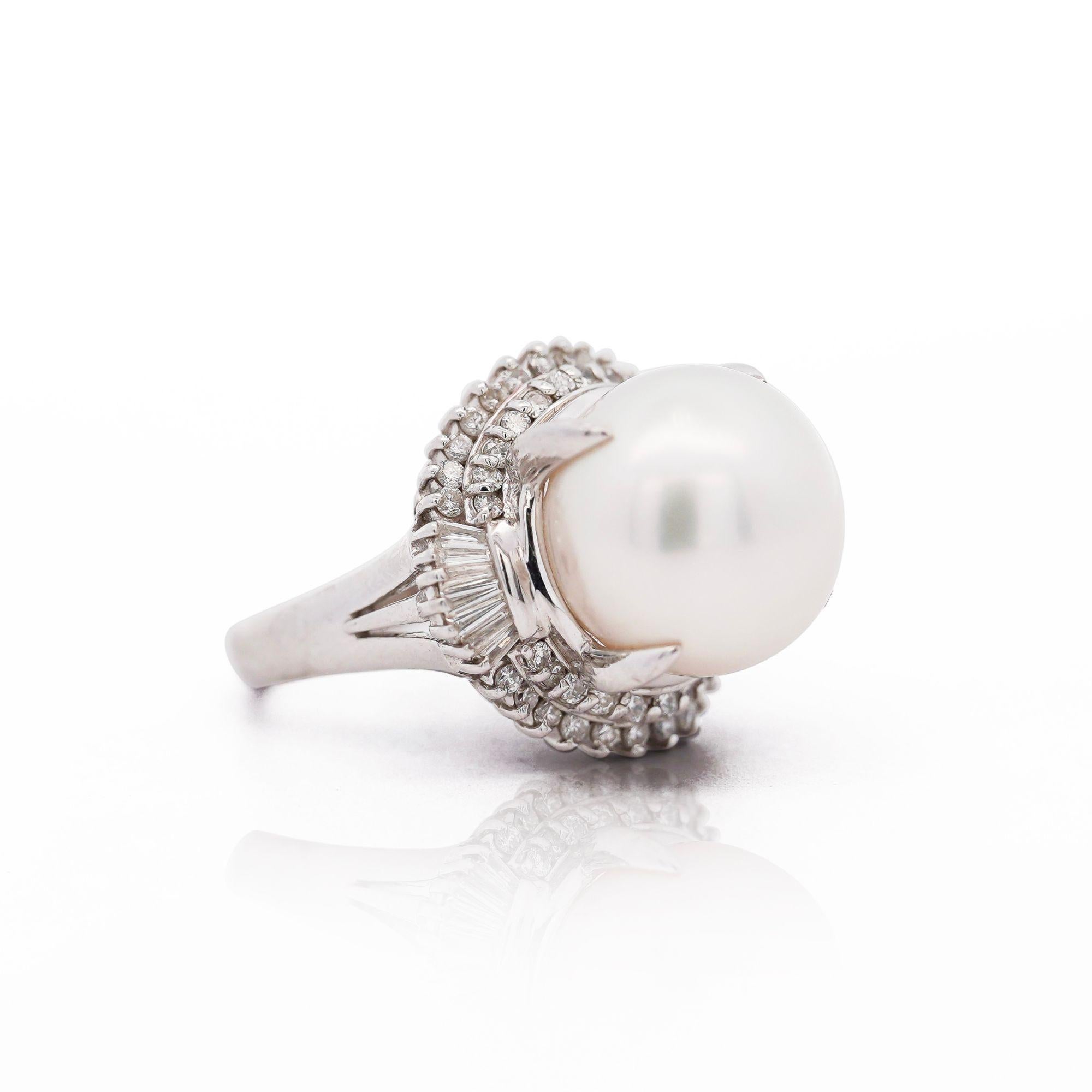 13mm South Sea Pearl & Baguette Diamond Halo Platinum Ballerina Ring For Sale 1
