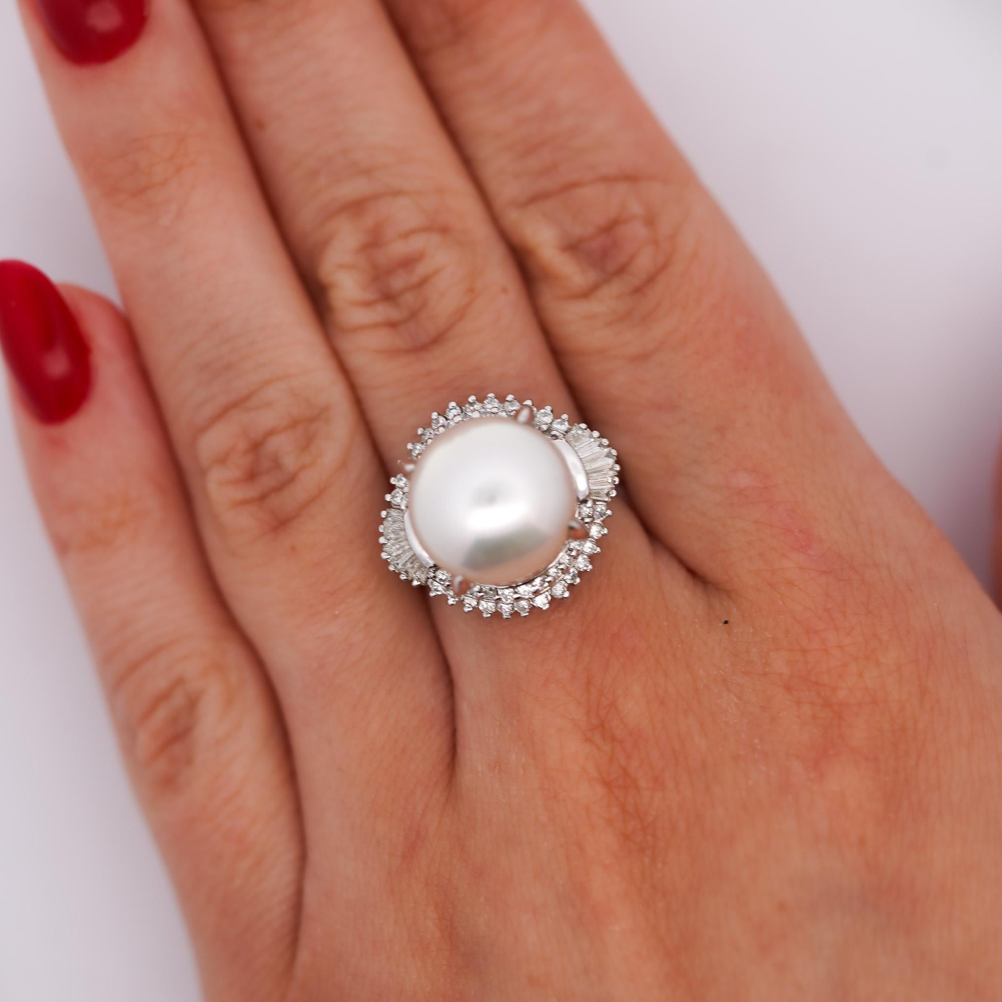 13mm South Sea Pearl & Baguette Diamond Halo Platinum Ballerina Ring For Sale 2
