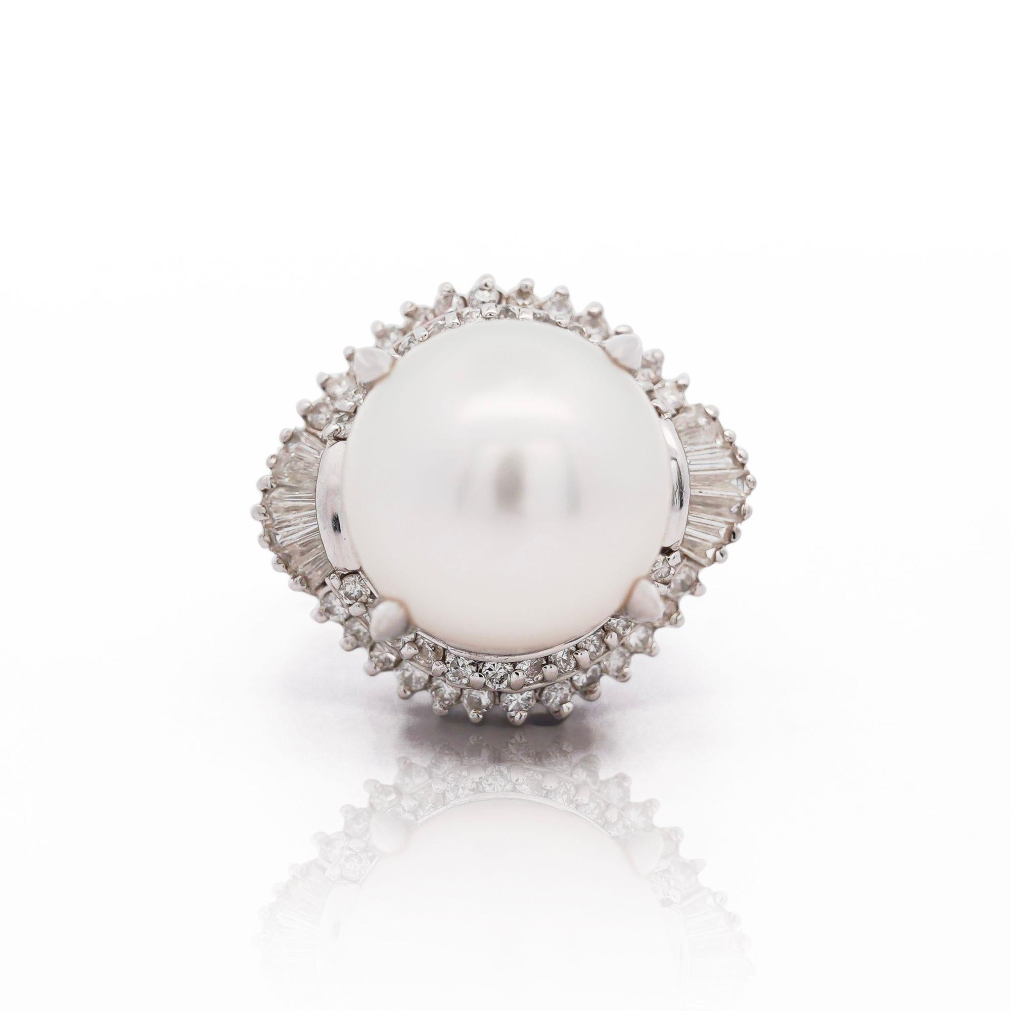 13mm South Sea Pearl & Baguette Diamond Halo Platinum Ballerina Ring For Sale 3