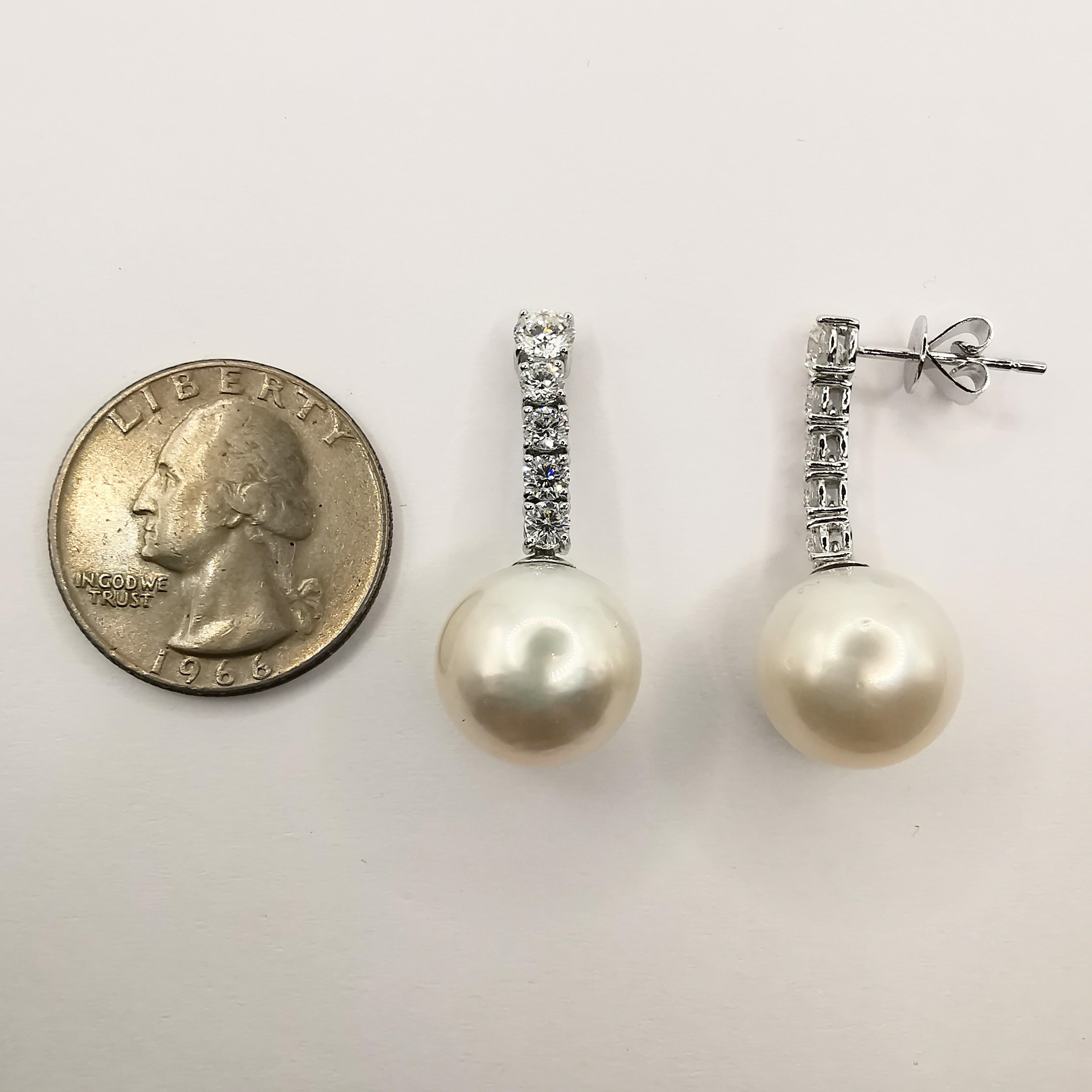 Contemporary South Sea Pearl Diamond Drop Earrings in 18k White Gold For Sale
