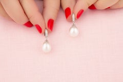 13mm South Sea Pearl Diamond Hoop Drop Earrings Design by Ella Gafter
