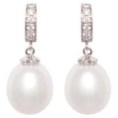13mm South Sea Pearl Diamond Hoop Drop Earrings Design by Ella Gafter