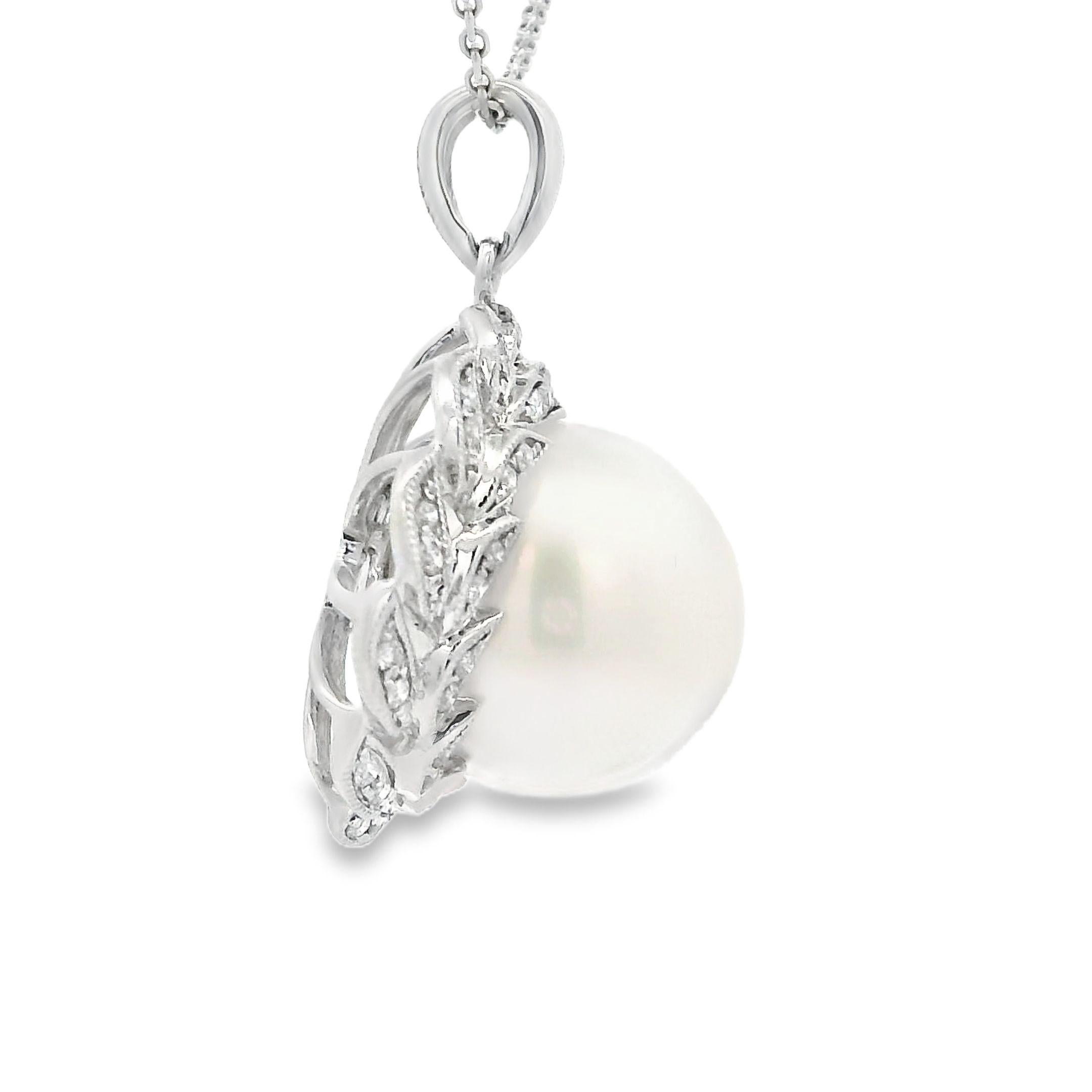 Contemporary 13mm South Sea Pearl Diamond Pendant in 18 Karat White Gold For Sale