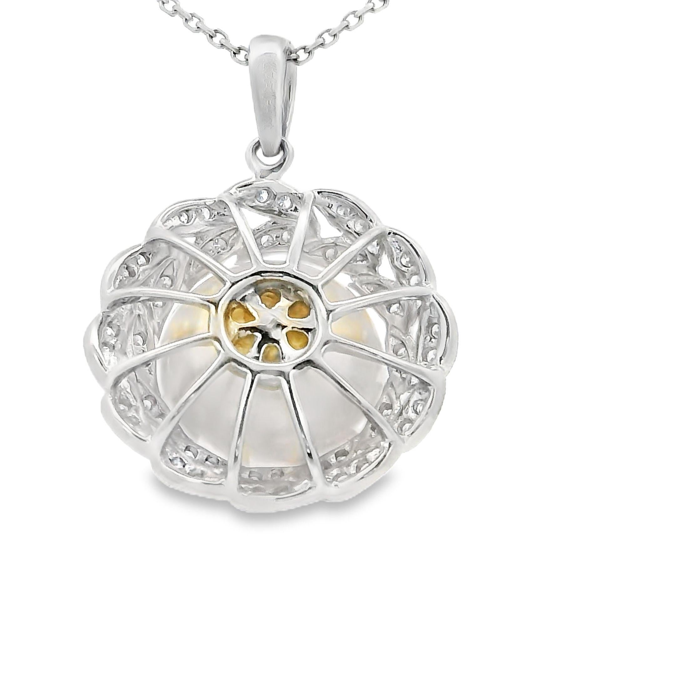 Round Cut 13mm South Sea Pearl Diamond Pendant in 18 Karat White Gold For Sale