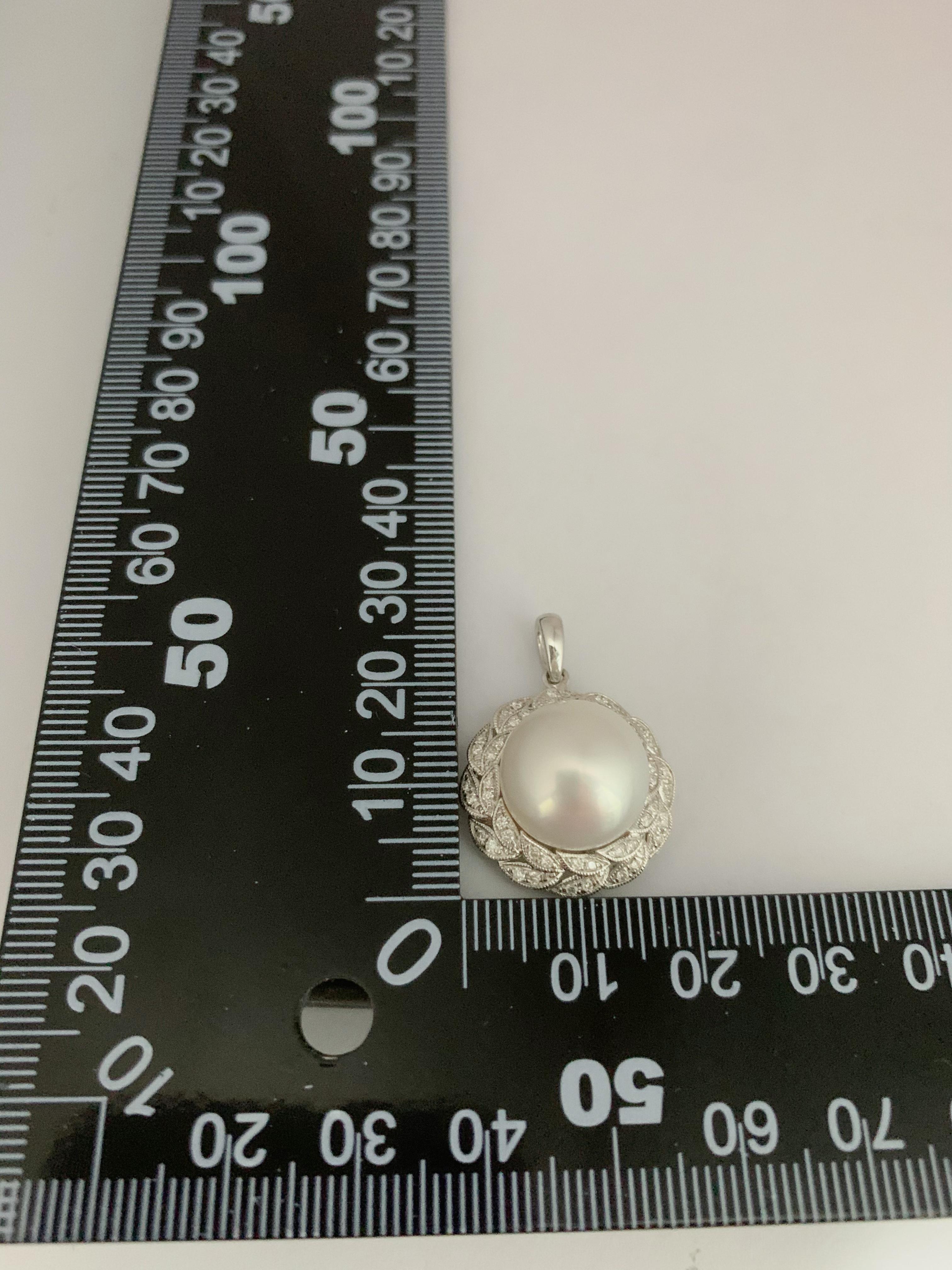 Women's 13mm South Sea Pearl Diamond Pendant in 18 Karat White Gold For Sale
