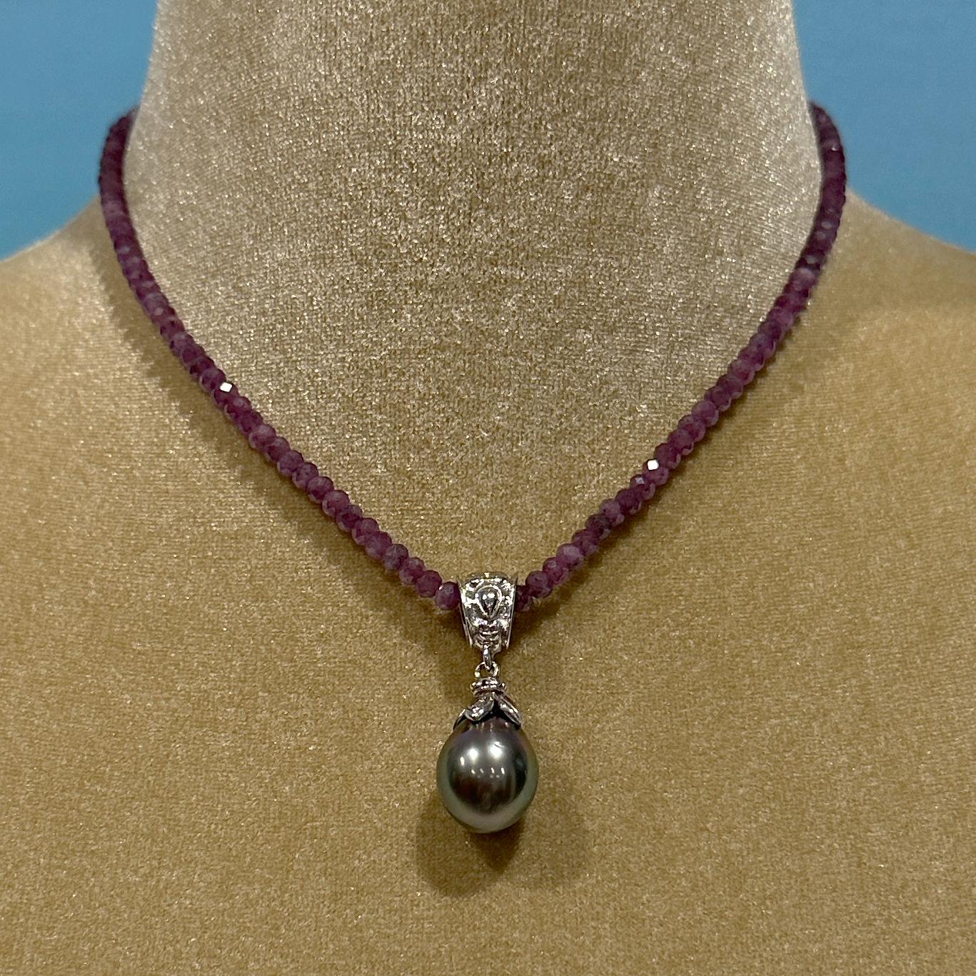 Tahitian Drop Pearl on 2-Part White Gold Fob with Diamond on Ruby Chain For Sale 4