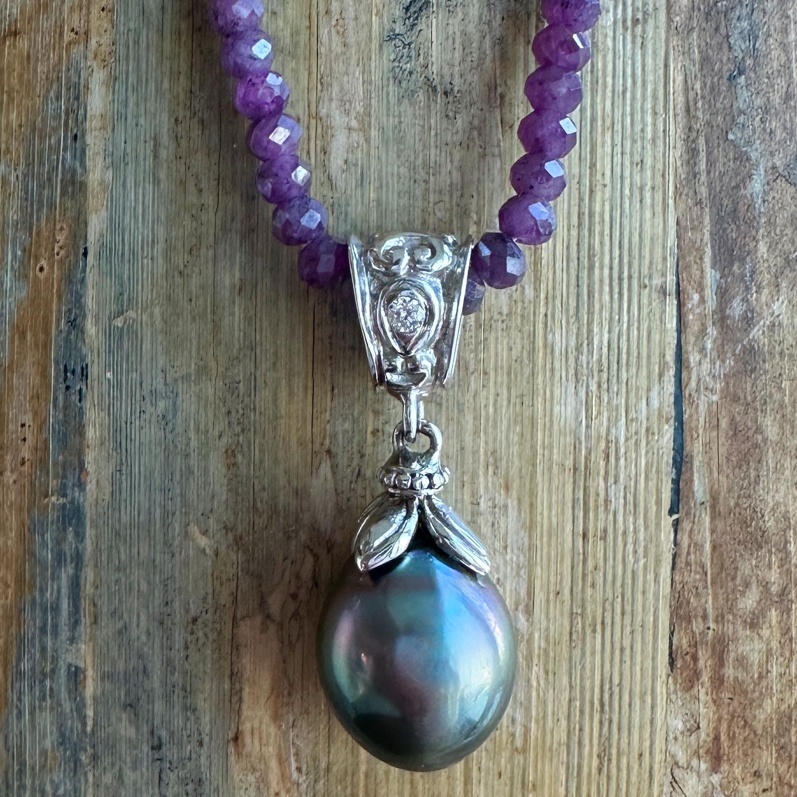 Tahitian Drop Pearl on 2-Part White Gold Fob with Diamond on Ruby Chain For Sale 5