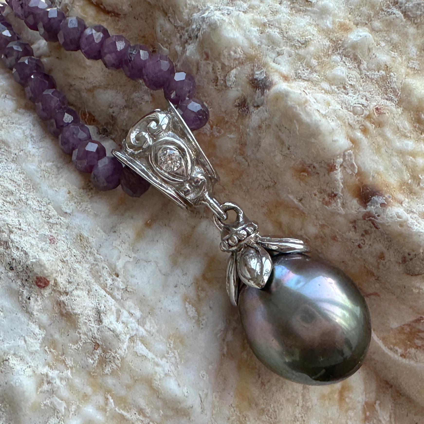 Tahitian Drop Pearl on 2-Part White Gold Fob with Diamond on Ruby Chain For Sale 6
