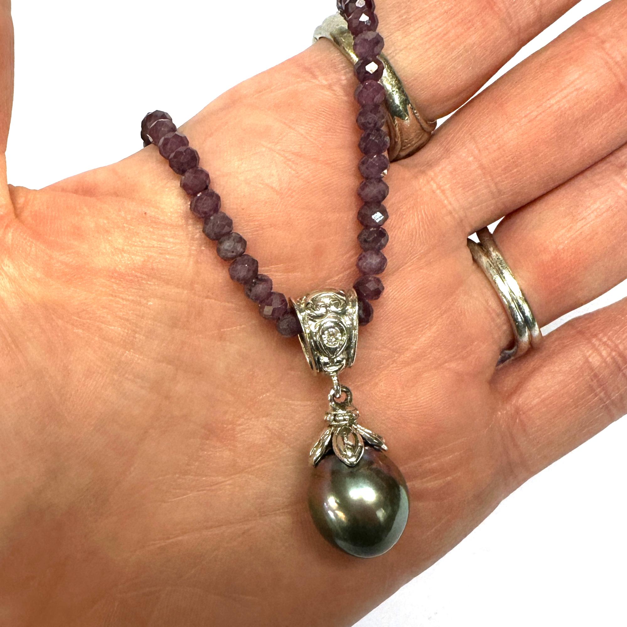 Tahitian Drop Pearl on 2-Part White Gold Fob with Diamond on Ruby Chain For Sale 7