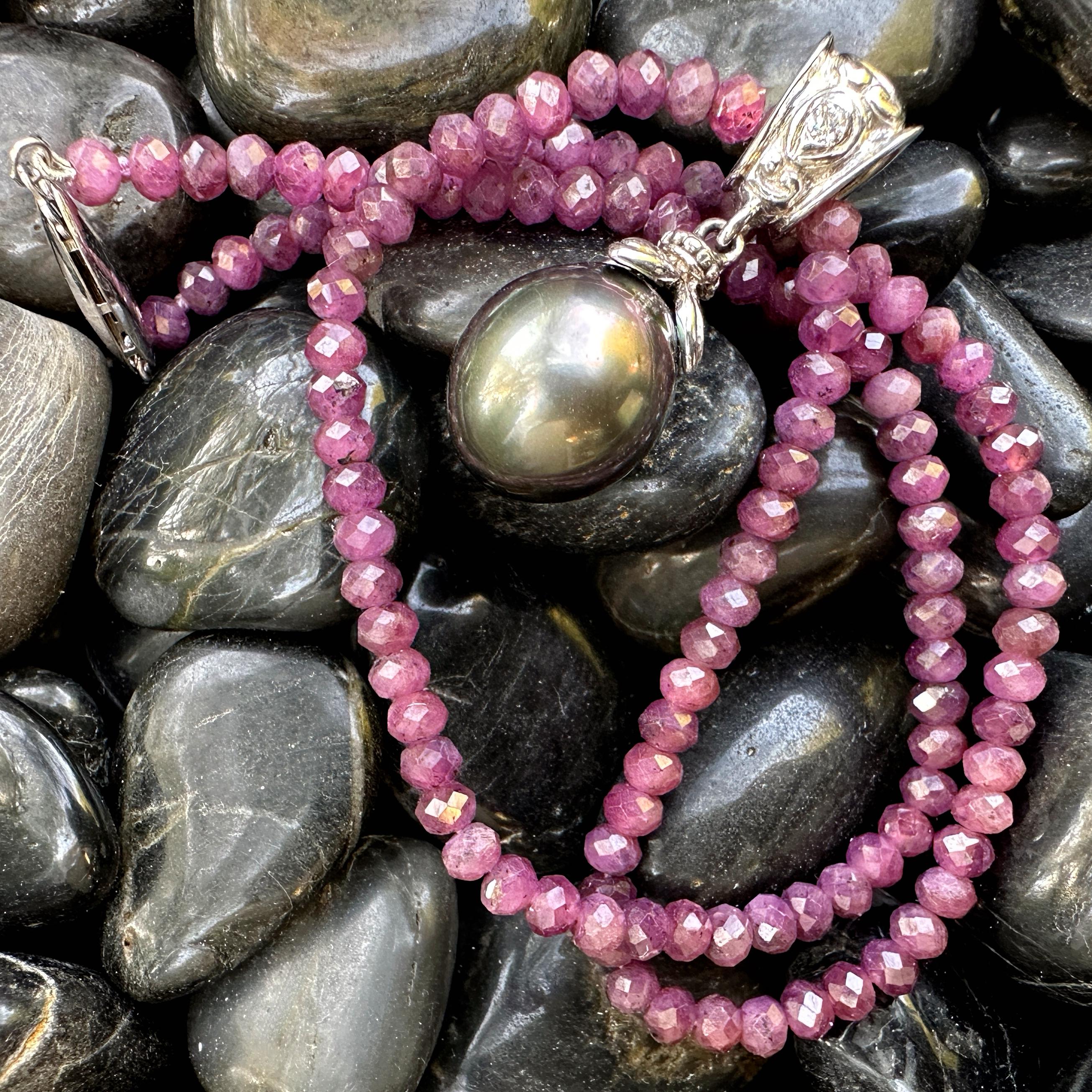 Contemporary Tahitian Drop Pearl on 2-Part White Gold Fob with Diamond on Ruby Chain For Sale