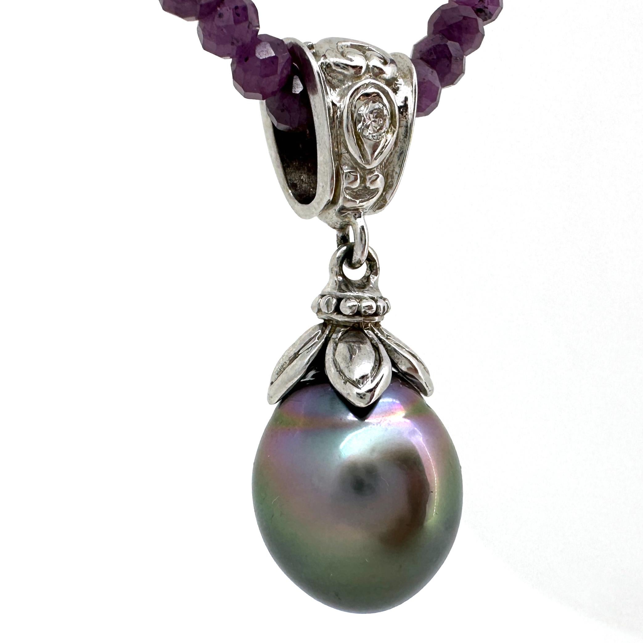 Brilliant Cut Tahitian Drop Pearl on 2-Part White Gold Fob with Diamond on Ruby Chain For Sale