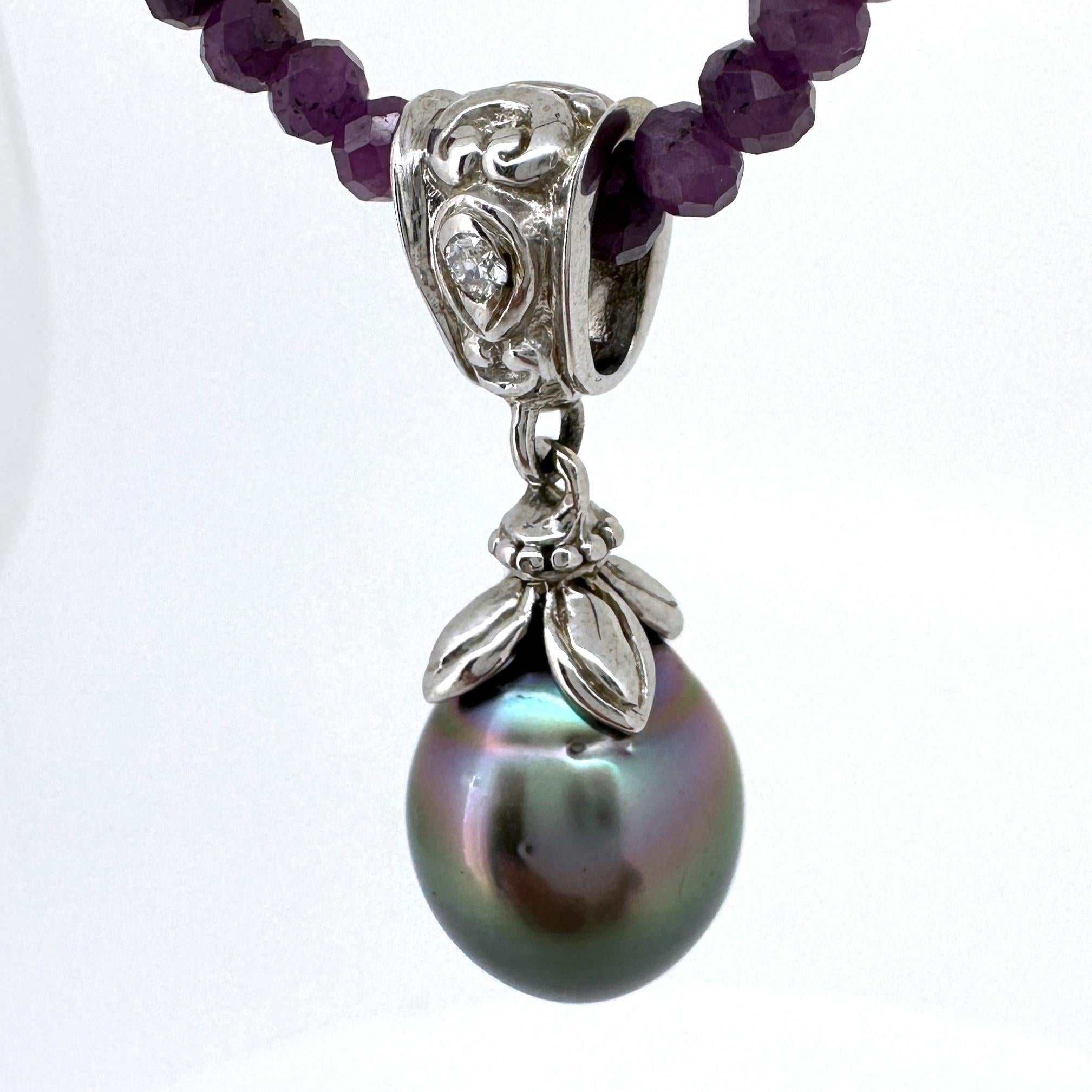 Tahitian Drop Pearl on 2-Part White Gold Fob with Diamond on Ruby Chain In New Condition For Sale In Sherman Oaks, CA