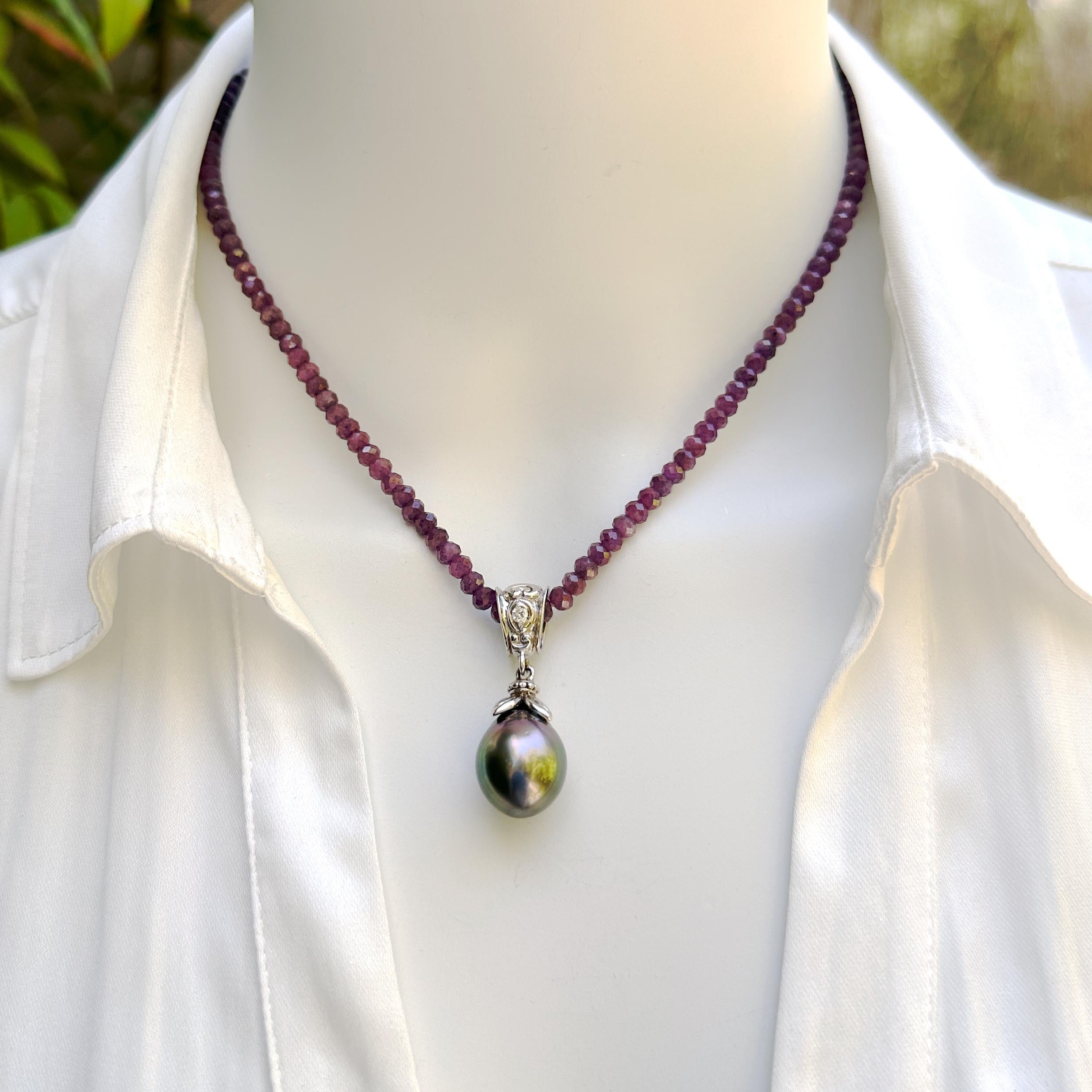 Women's or Men's Tahitian Drop Pearl on 2-Part White Gold Fob with Diamond on Ruby Chain For Sale