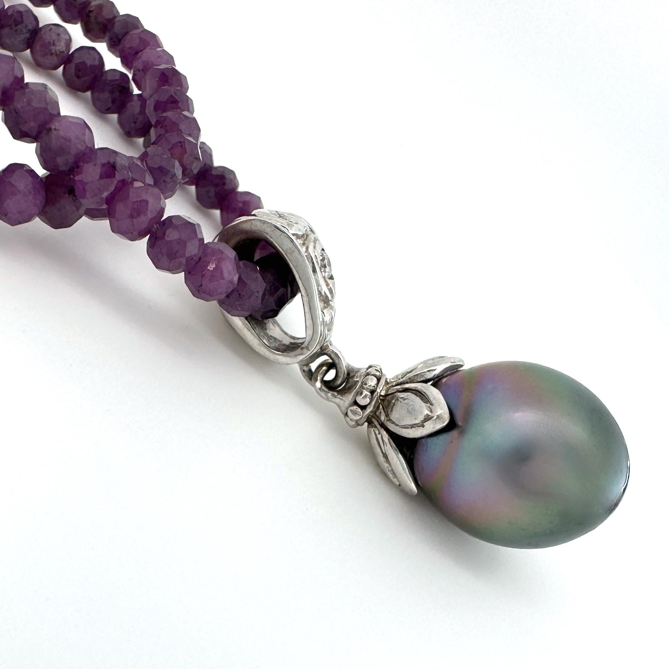 Tahitian Drop Pearl on 2-Part White Gold Fob with Diamond on Ruby Chain For Sale 1