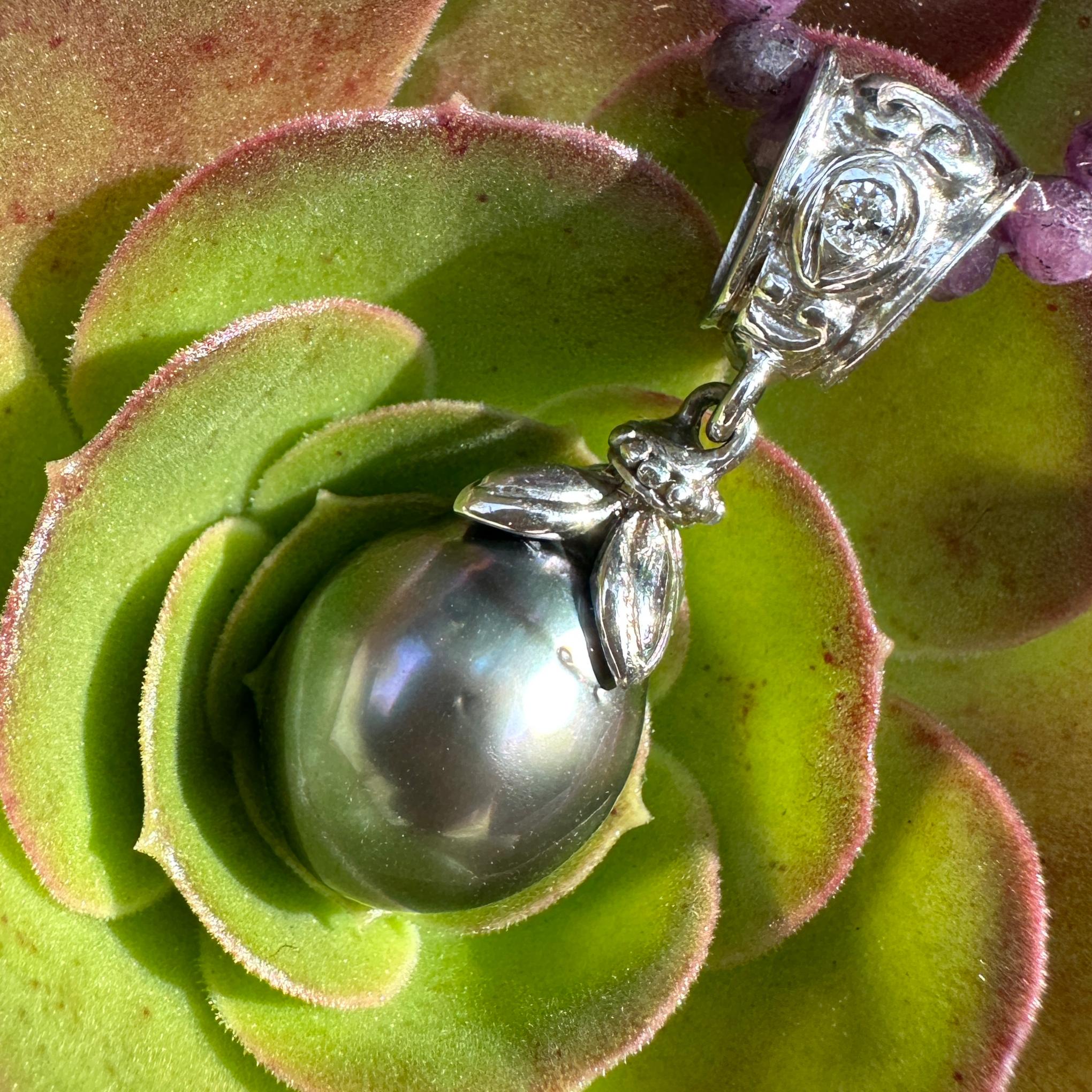 Tahitian Drop Pearl on 2-Part White Gold Fob with Diamond on Ruby Chain For Sale 2