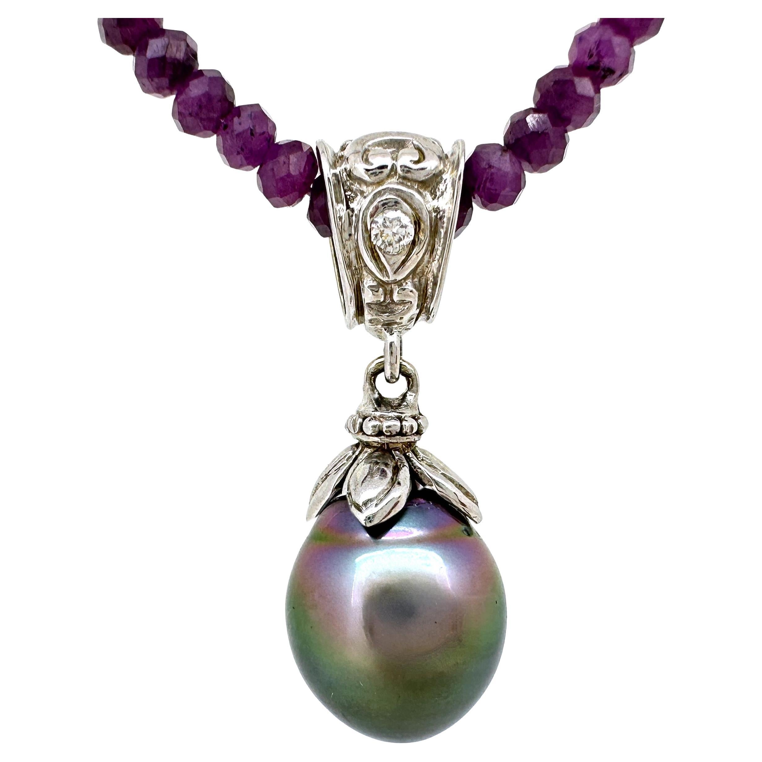 Tahitian Drop Pearl on 2-Part White Gold Fob with Diamond on Ruby Chain For Sale