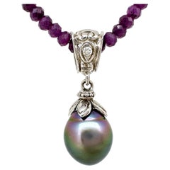 Tahitian Drop Pearl on 2-Part White Gold Fob with Diamond on Ruby Chain