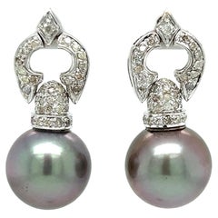 Boucles d'oreilles en or 13 mm avec perles des mers du Sud de Tahiti et diamants