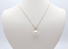 13mm White South Sea Pearl Diamond Pendant 18K Yellow Gold Drop Necklace