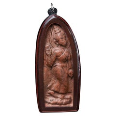 13th-14thC Clay Carved Walking Sukhothai Buddha In Plexiglass Amulet Case