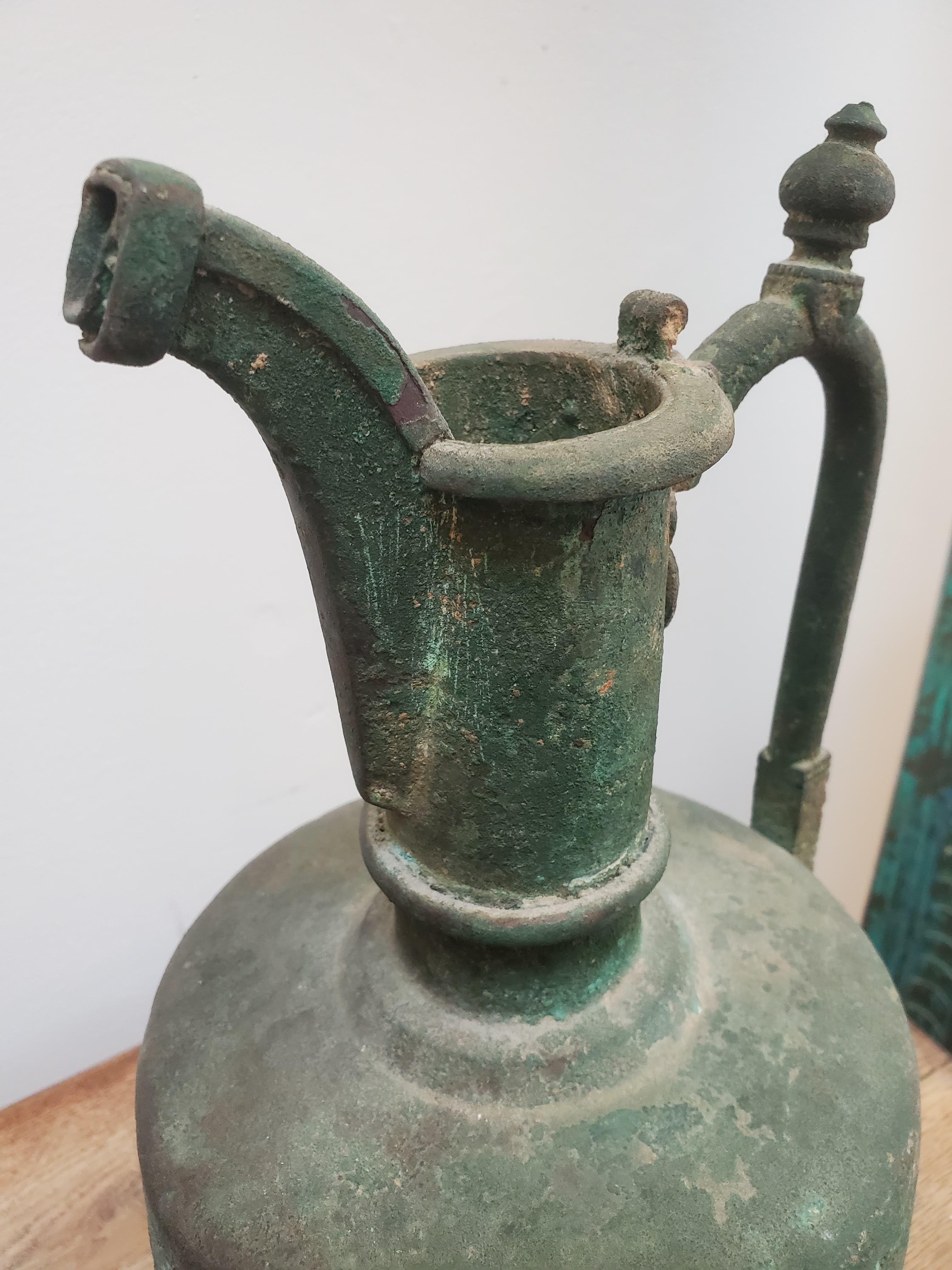 18th Century and Earlier 13th Century Bronze Persian Wine Ewer with Decorative Handle