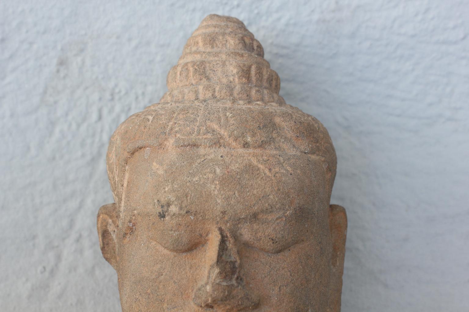 Asian 13th Century Buddha Head Sculpture in Sandstone For Sale