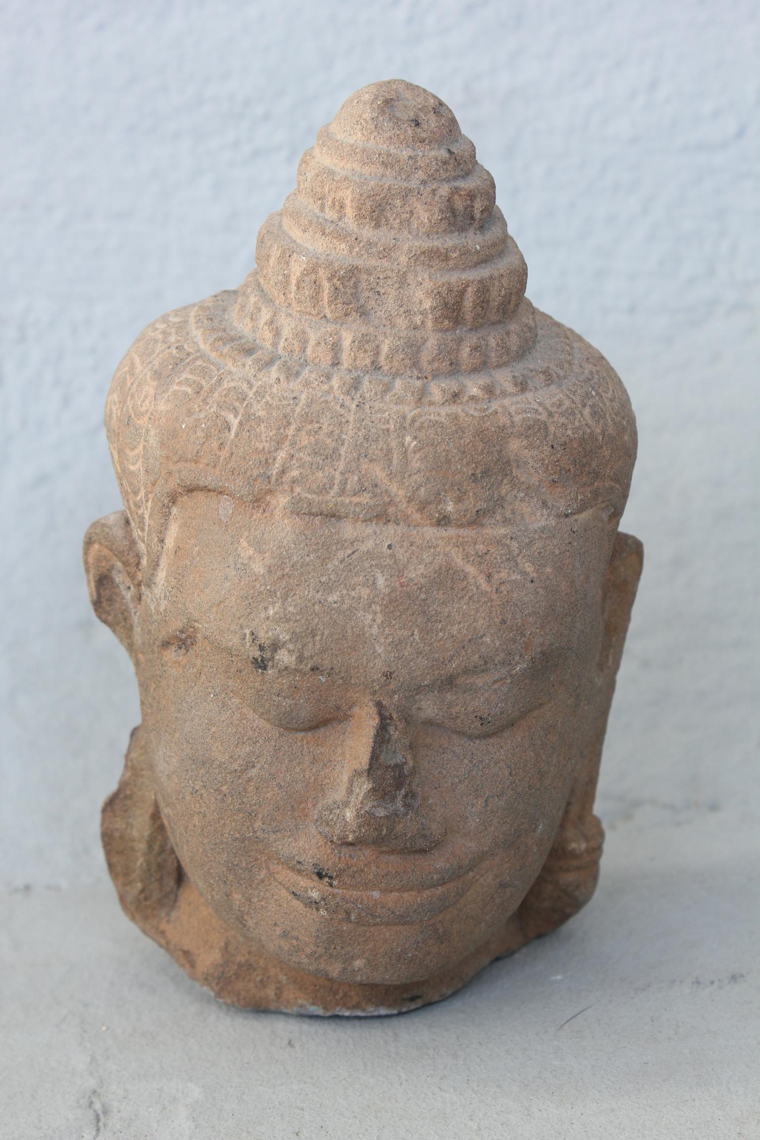 18th Century and Earlier 13th Century Buddha Head Sculpture in Sandstone For Sale