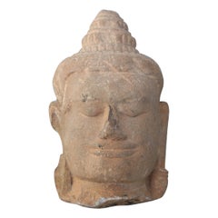 13th Century Buddha Head Sculpture in Sandstone