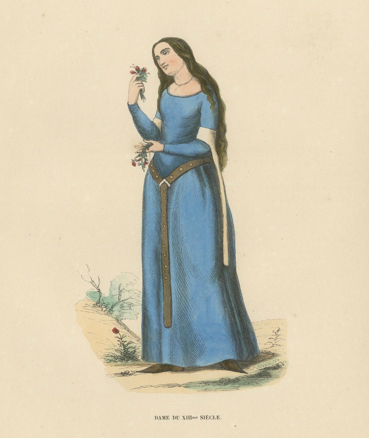 Mid-19th Century 13th Century Elegance: A Noblewoman Amidst Nature in Medieval Attire, 1847 For Sale