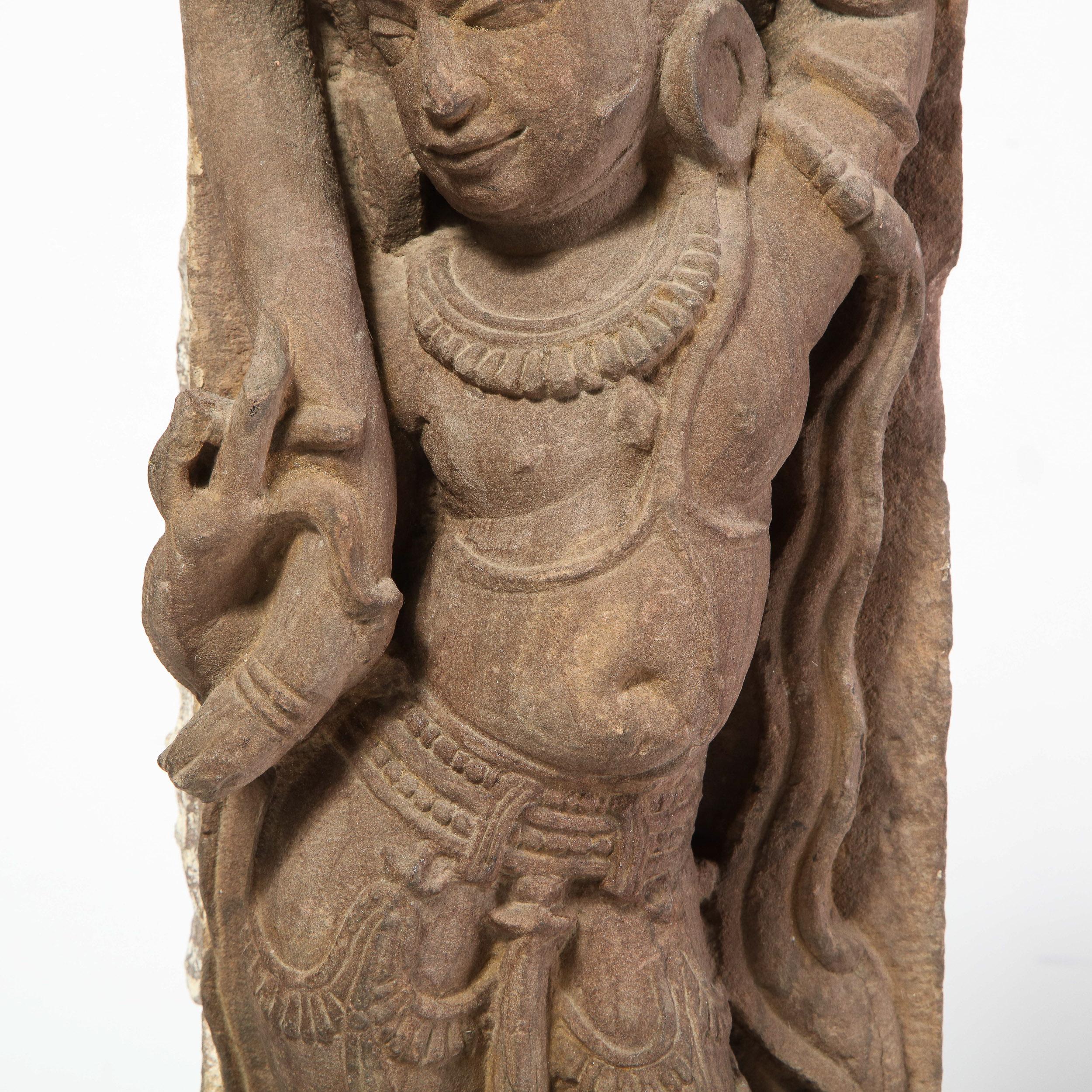 13th Century Indian Sandstone Stele Figure / Dancing Goddess Antiquity Fragment In Good Condition In New York, NY