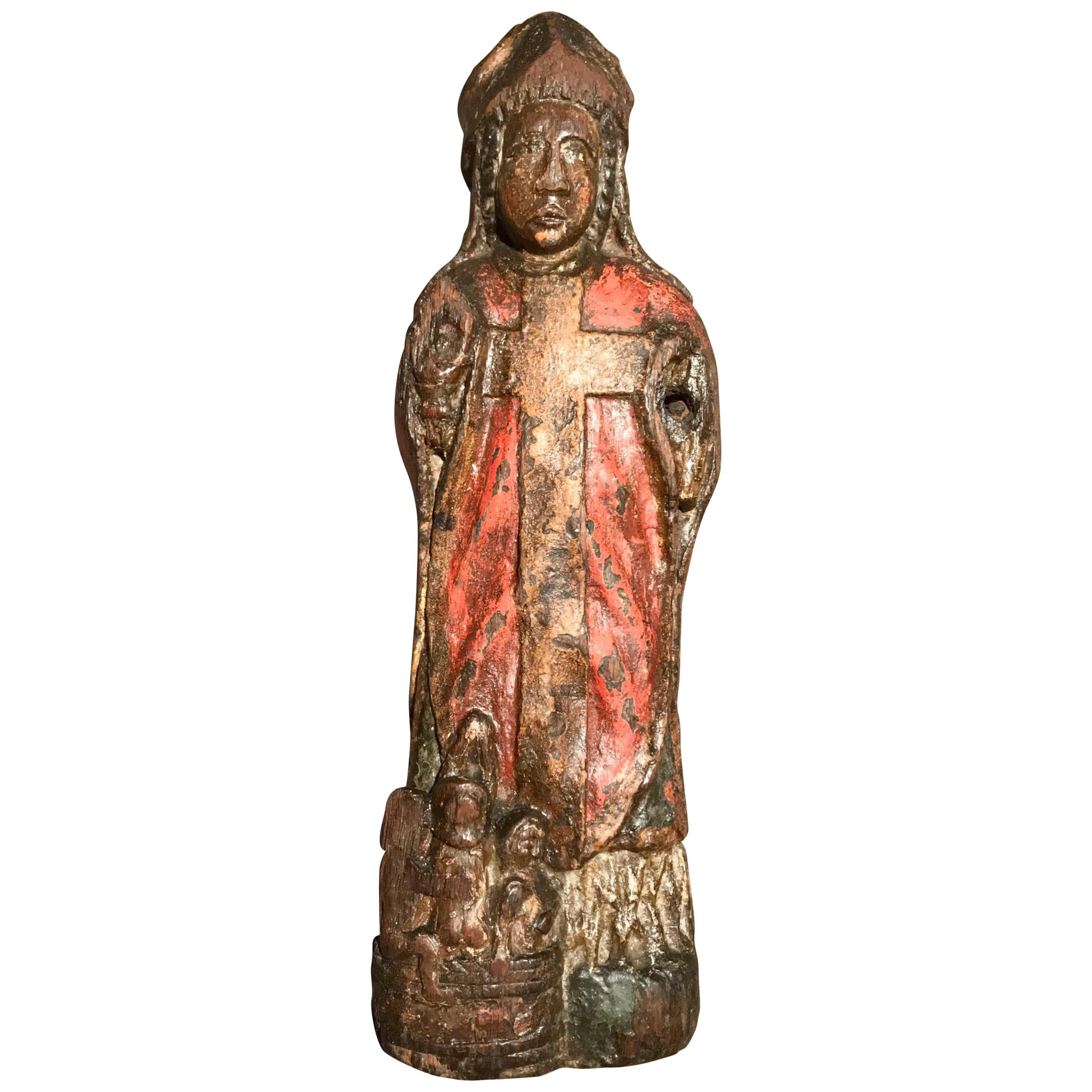 English 13th Century Romanesque Wood Carved Sculpture Group, Bishop Saint with Children