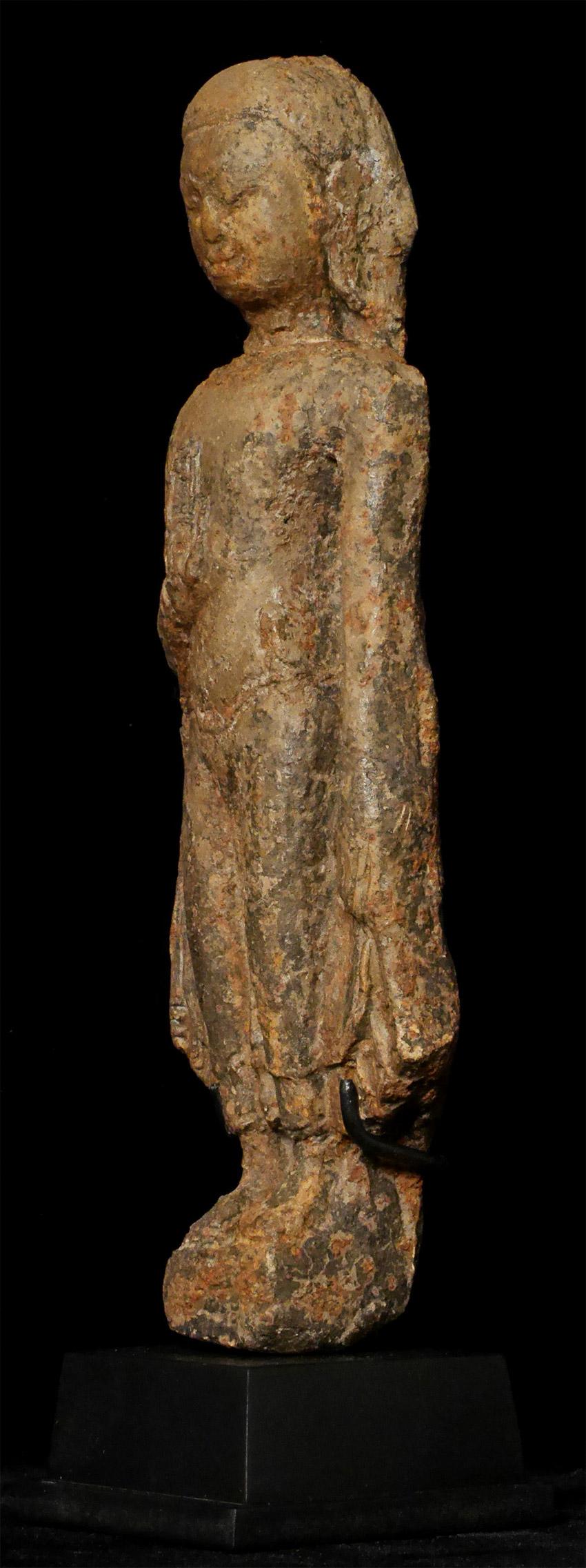Rare 13thC Northern Thai Haripunchai terracotta standing Buddha. Extremely hard to find in complete condition. Significant wear, though the expressive face shines brightly and clearly. Very good size at 8.25