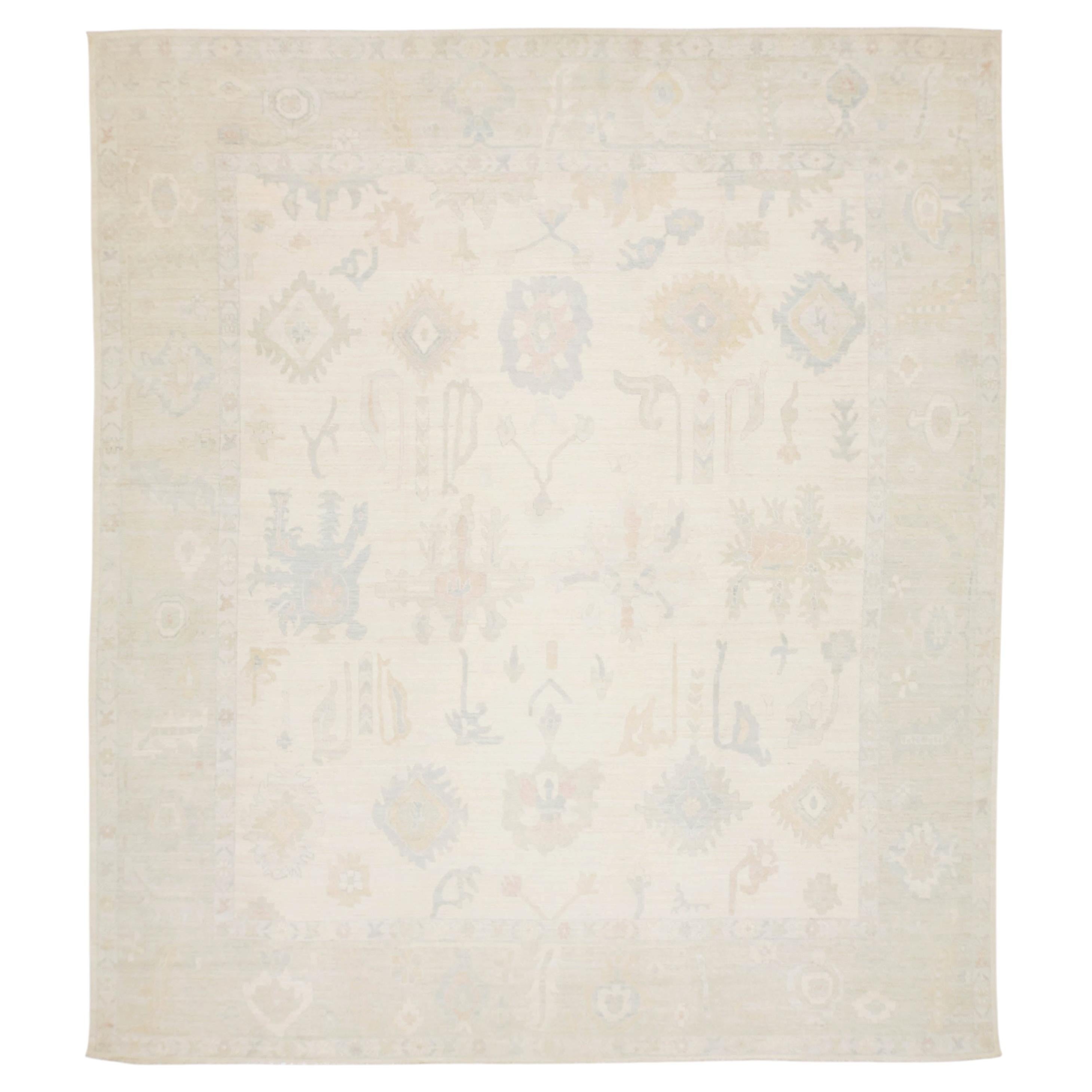 13x15 Modern Oushak Style Hand-Knotted Wool Area Rug – Neutral Ivory & Sage