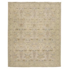 13x16 Tabriz Style Modern Indian Wool Area Rug – Muted Neutral & Soft Blue