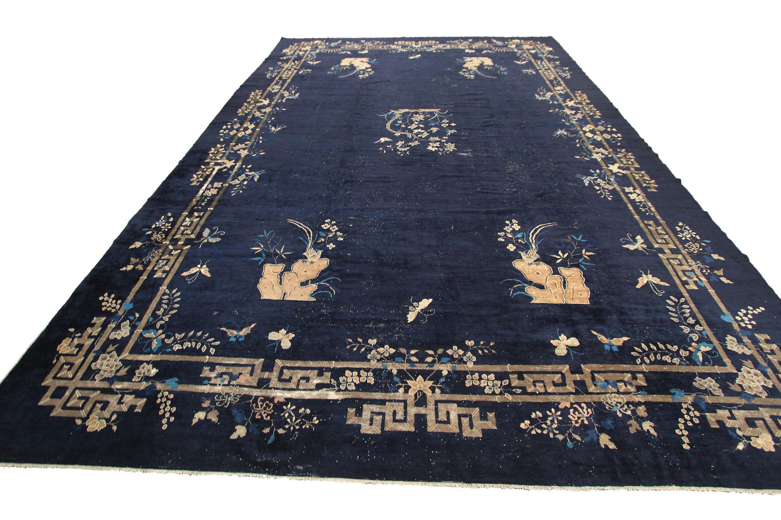 Rare oversize antique peking chinese art deco rug museum quality blue, measures 12'8