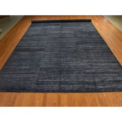 13'x18' Black Textured Pile Wool and Silk Hand Knotted Plain Design XL Rug