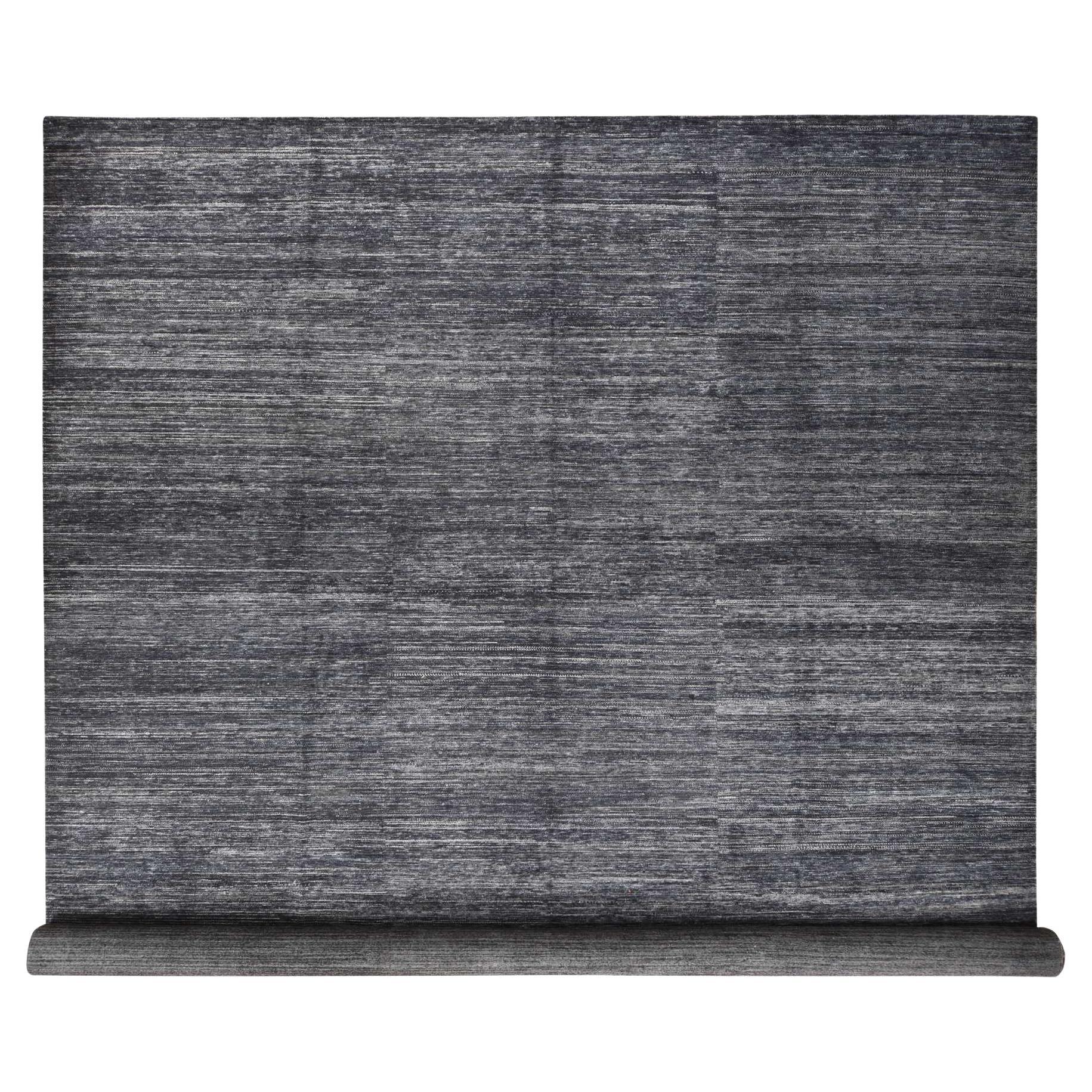 13'x18' Black Textured Pile Wool and Silk Hand Knotted Plain Design XL Rug