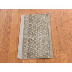 1'3"x2' Brown Real Silk with Oxidized Wool Hand Knotted Modern Design Rug