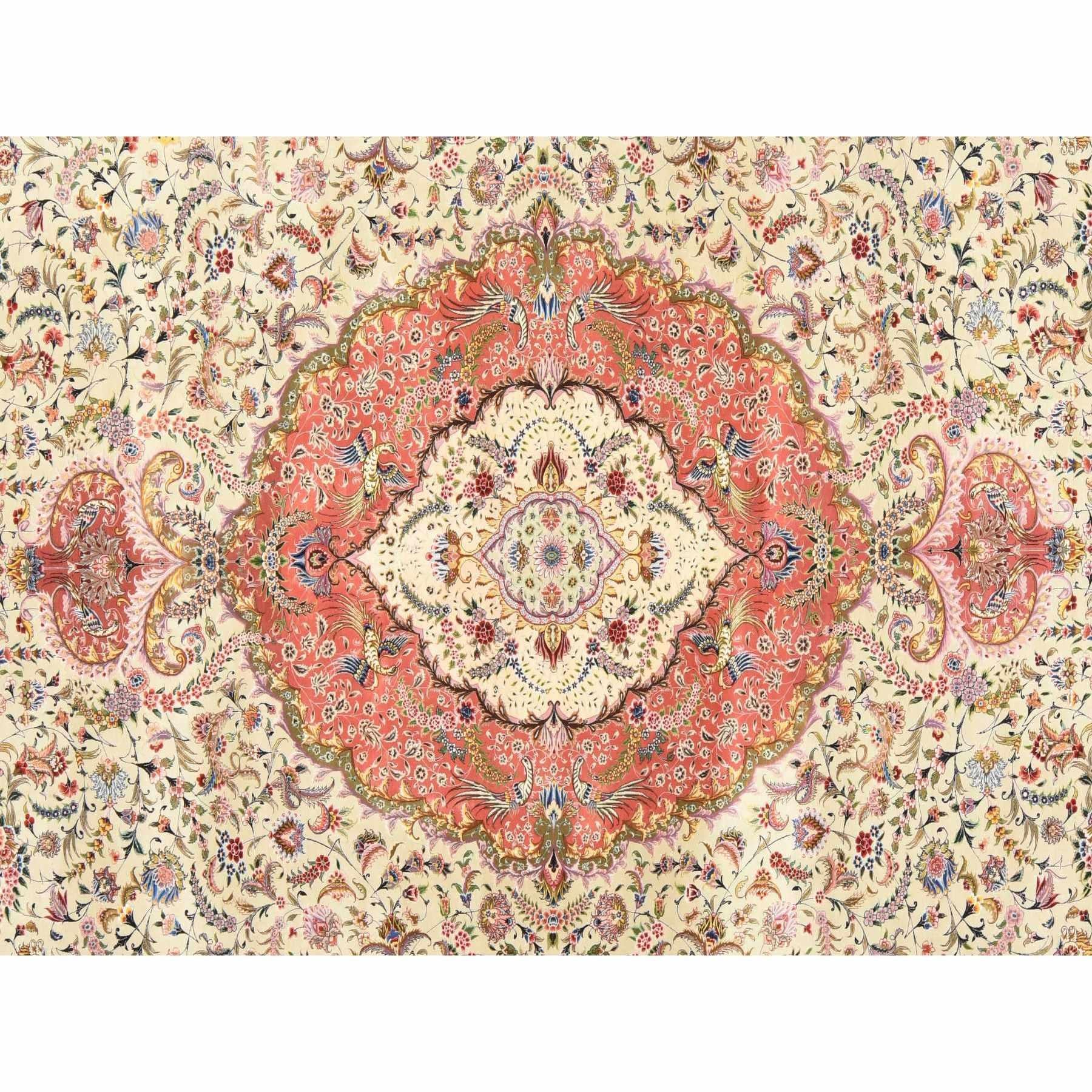 Persiano Tappeto Avorio New Persian Tabriz 400 KPSI in Lana e Seta Annodato a Mano 13'x20'3 in vendita
