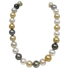 14-15 South Sea White and Golden and Tahitian Round Pearl Necklace with Gold