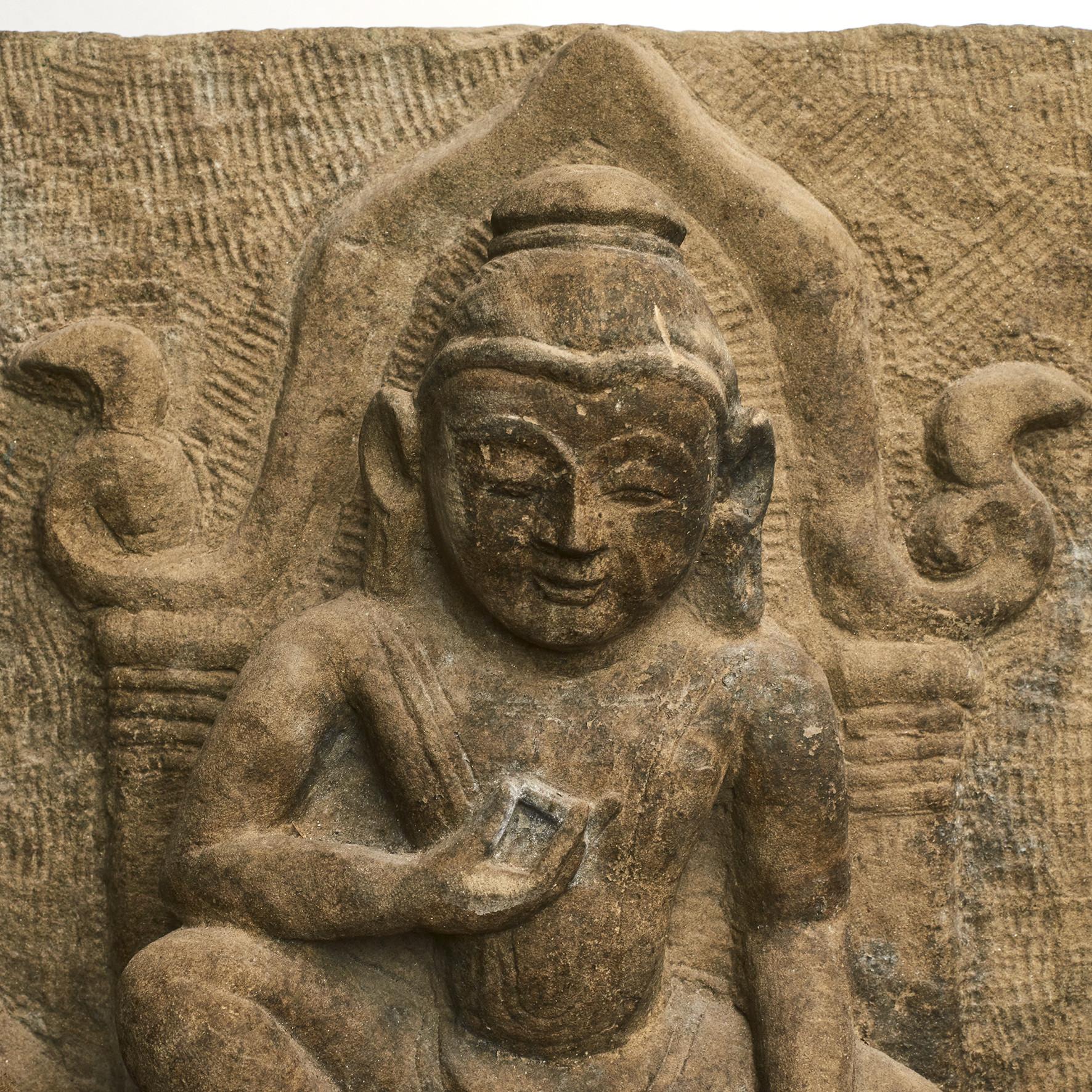Burmese 14th-15th Century Sandstone Temple Relief of Buddha on a Throne in a Boat